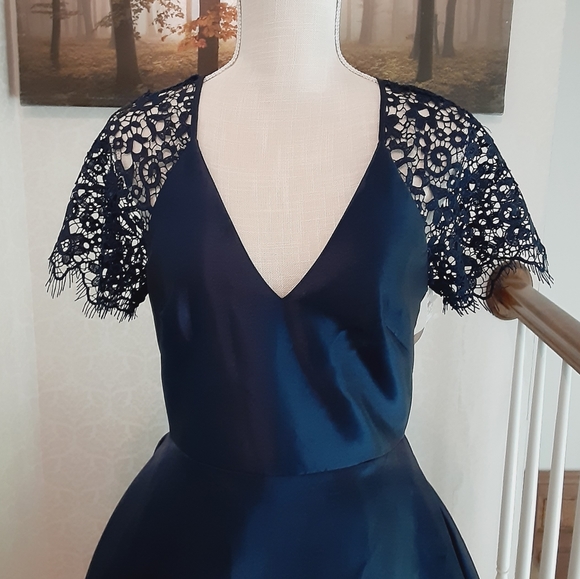 Monique Lhuillier Navy Lace Sleeve Gown - Picture 3 of 10